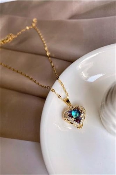 Trend Collection Kadın Paslanmaz Çelik Gold Zirkon Taşlı Mavi Kalp Kolye