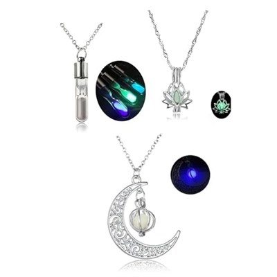 Trend Collection Karanlıkta Parlayan Lotus Çiçeği, Kum Saati, Desenli Ay Kadın Kolye Seti (3 adet)