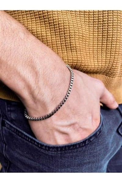 Trend Collection Küp Model Erkek Gümüş Kaplama Kolye ve Bileklik Zincir Set