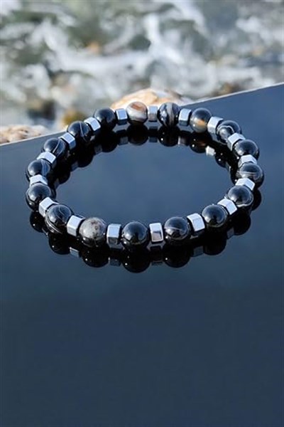 Trend Collection Siyah Akik Hematit Detaylı Ayarlanabilir Doğal Taş Erkek Bileklik