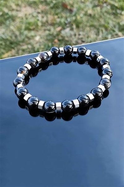 Trend Collection Siyah Akik Hematit Detaylı Ayarlanabilir Doğal Taş Erkek Bileklik