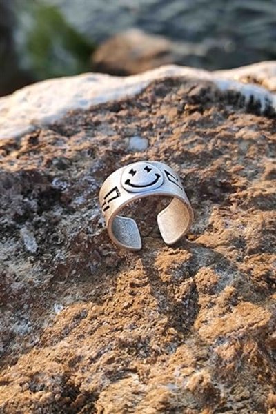 Trend Collection Smile Gülen Yüz Şimşek Motif Gümüş Kaplama Ayarlanabilir Yüzük