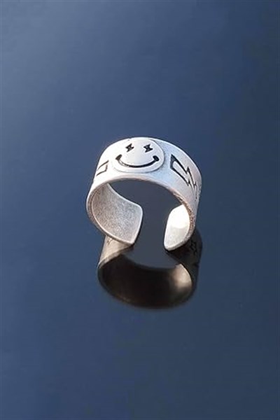 Trend Collection Smile Gülen Yüz Şimşek Motif Gümüş Kaplama Ayarlanabilir Yüzük