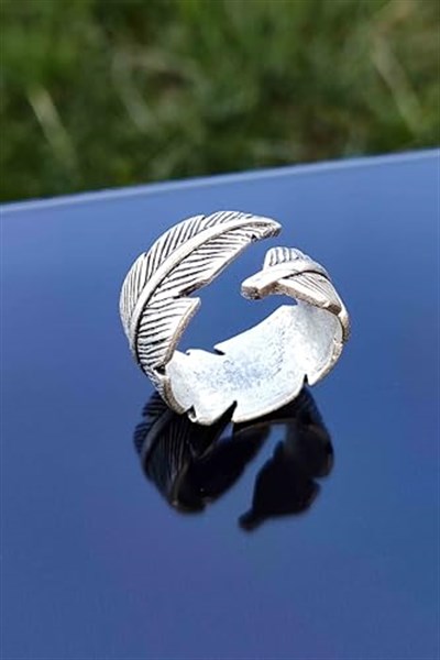 Trend Collection Tüy Yaprak Figürlü Gümüş Kaplama Ayarlanabilir Unisex Yüzük