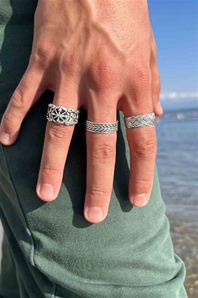 Trend Collection Unisex Model Gümüş Kaplama Sezar Pusula Hasır Model Ayarlanabilir 3lü Yüzük Set