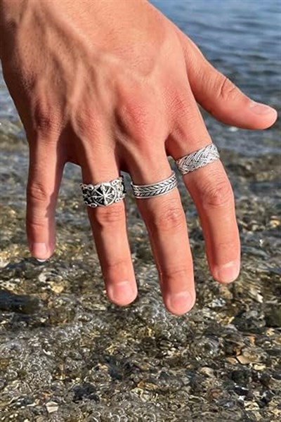 Trend Collection Unisex Model Gümüş Kaplama Sezar Pusula Hasır Model Ayarlanabilir 3lü Yüzük Set