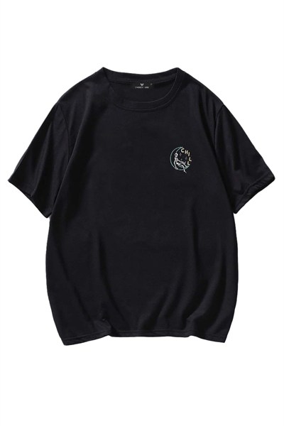 TrendSeninle Erkek Siyah T-shirt Chill Baskılı Oversize Tişört