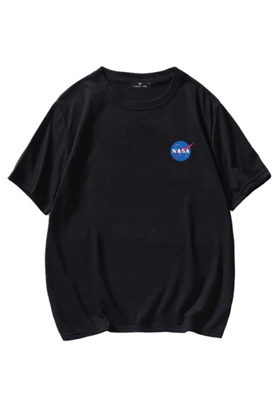 TrendSeninle Erkek Siyah T-shirt Nasa Logo Baskılı Oversize Tişört