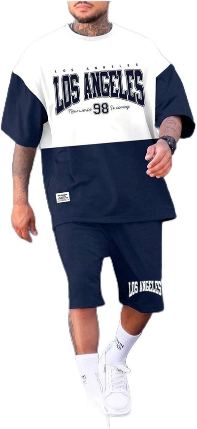 TrendSeninle Erkek Taba Renk Colour Block Desen Oversize Şortlu Takım