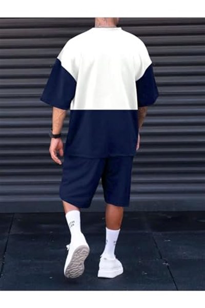 TrendSeninle Erkek Taba Renk Colour Block Desen Oversize Şortlu Takım