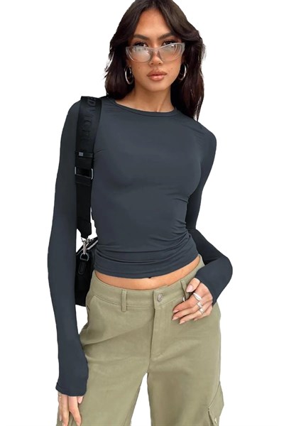 TrendSeninle Füme Bisiklet Yaka Basic Uzun Kollu Body FÜME L