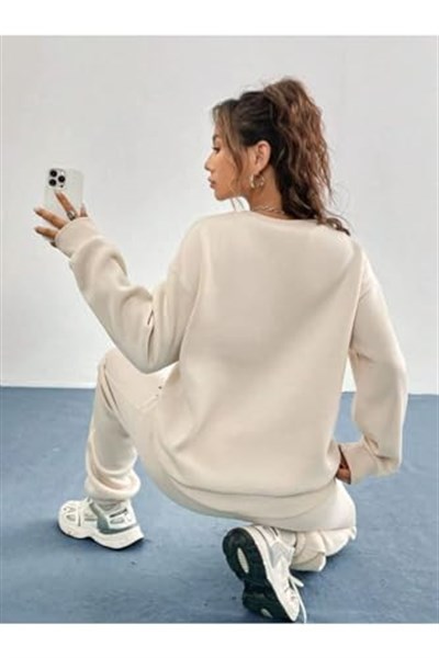 TrendSeninle Kadın Bej 1898 Brooklyn Baskılı Oversize Alt Üst Eşofman Takımı