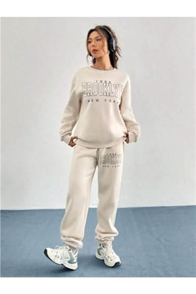 TrendSeninle Kadın Bej 1898 Brooklyn Baskılı Oversize Alt Üst Eşofman Takımı
