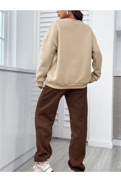 TrendSeninle Kadın Bej California Seaside Baskılı Oversize Alt Üst Eşofman Takımı