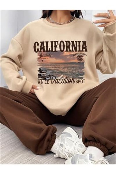 TrendSeninle Kadın Bej California Seaside Baskılı Oversize Alt Üst Eşofman Takımı