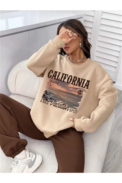 TrendSeninle Kadın Bej California Seaside Baskılı Oversize Alt Üst Eşofman Takımı