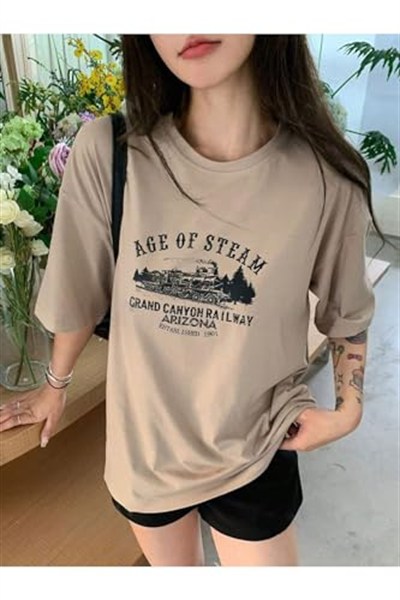 TrendSeninle Kadın Beyaz Age Of Steam Baskı Oversize Tişört