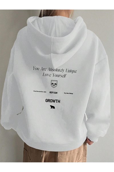 TrendSeninle Kadın Beyaz Calm Growth Baskılı Oversize Kapüşonlu Sweatshirt