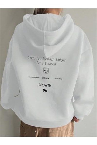TrendSeninle Kadın Beyaz Calm Growth Baskılı Oversize Kapüşonlu Sweatshirt