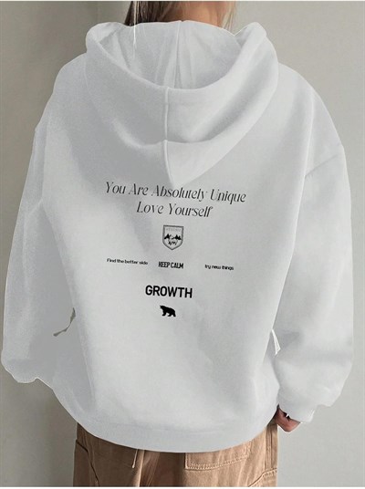 TrendSeninle Kadın Beyaz Calm Growth Baskılı Oversize Kapüşonlu Sweatshirt