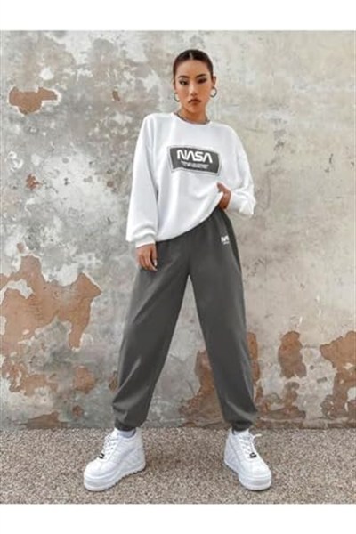 TrendSeninle Kadın Beyaz Füme Nasa Baskılı Oversize Alt Üst Eşofman Takımı