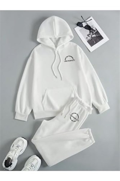 TrendSeninle Kadın Beyaz I AM PERFECT Baskılı Oversize Alt Üst Eşofman Takımı
