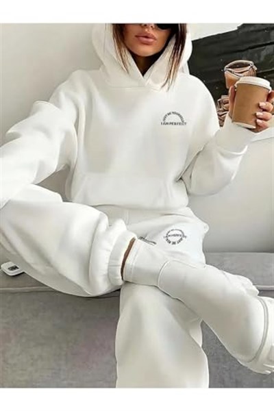 TrendSeninle Kadın Beyaz I AM PERFECT Baskılı Oversize Alt Üst Eşofman Takımı