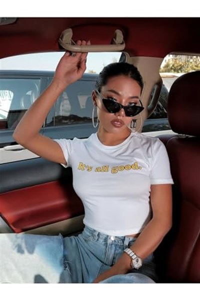 TrendSeninle Kadın Beyaz Its All Good Baskılı Bisiklet Yaka Oversize Crop T-shirt