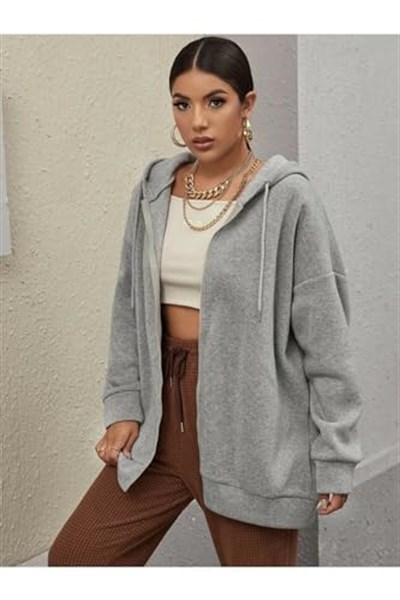 TrendSeninle Kadın Gri Fermuarlı Sweatshirt