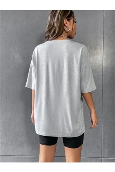TrendSeninle Kadın Gri Oversize Brooklyn Baskılı Taytlı Takım
