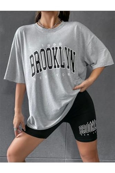 TrendSeninle Kadın Gri Oversize Brooklyn Baskılı Taytlı Takım