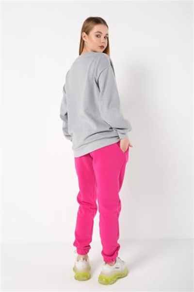 TrendSeninle Kadın Gri Pembe California 1991 Baskılı Oversize Alt Üst Eşofman Takımı