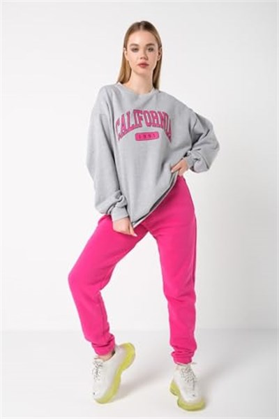TrendSeninle Kadın Gri Pembe California 1991 Baskılı Oversize Alt Üst Eşofman Takımı