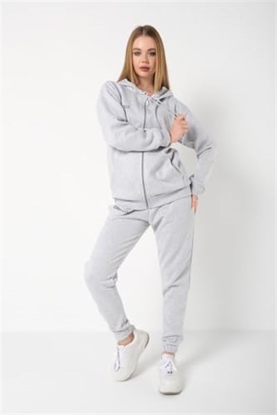 TrendSeninle Kadın Gri Sıerra Nevada Baskılı Hırka Jogger Oversize Eşofman Takımı