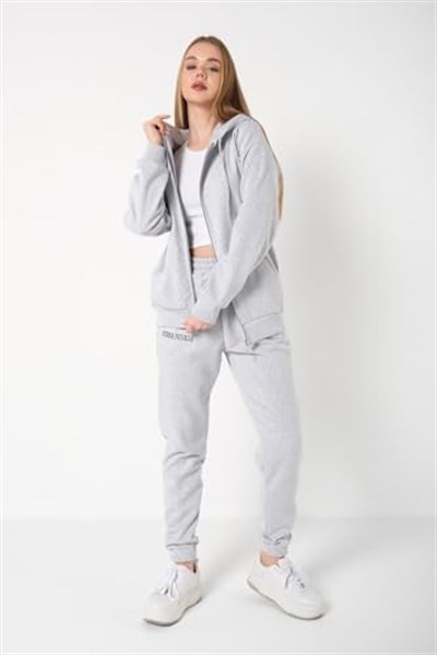 TrendSeninle Kadın Gri Sıerra Nevada Baskılı Hırka Jogger Oversize Eşofman Takımı