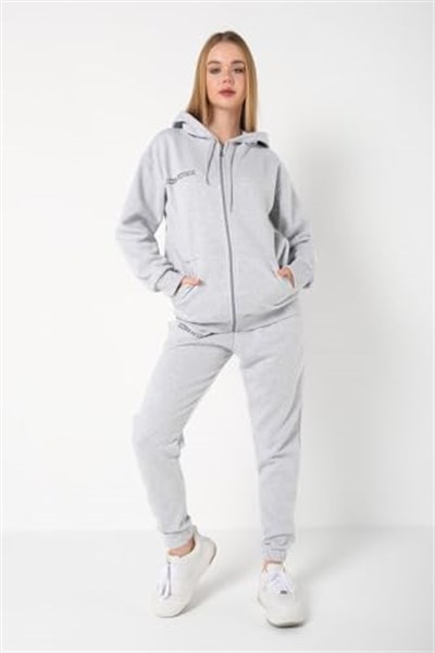 TrendSeninle Kadın Gri Sıerra Nevada Baskılı Hırka Jogger Oversize Eşofman Takımı