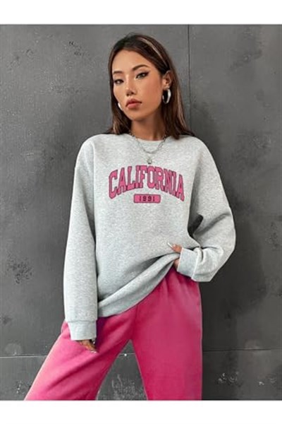TrendSeninle Kadın Gri Yeşil California 1991 Baskılı Oversize Alt Üst Eşofman Takımı