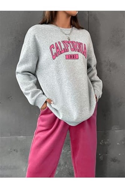 TrendSeninle Kadın Gri Yeşil California 1991 Baskılı Oversize Alt Üst Eşofman Takımı