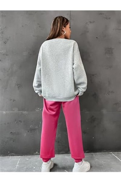 TrendSeninle Kadın Gri Yeşil California 1991 Baskılı Oversize Alt Üst Eşofman Takımı