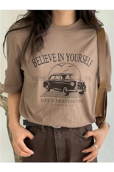 TrendSeninle Kadın Kahverengi Believe In Yourself Baskılı Oversize Tişört