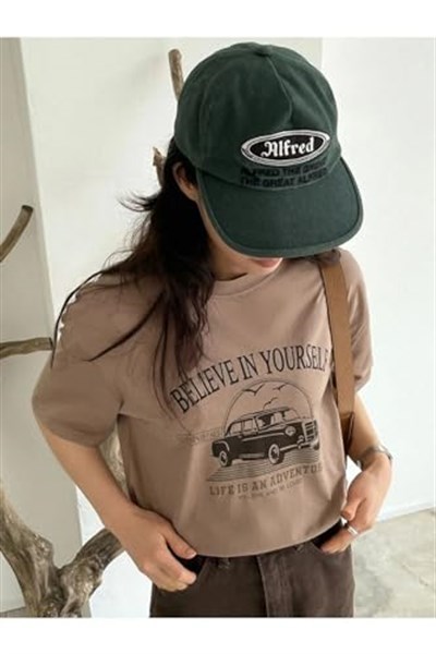 TrendSeninle Kadın Kahverengi Believe In Yourself Baskılı Oversize Tişört