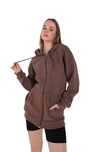 TrendSeninle Kadın Kahverengi Fermuarlı Sweatshirt Hırka