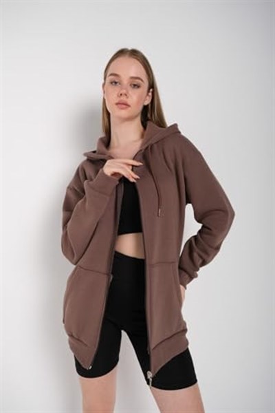 TrendSeninle Kadın Kahverengi Fermuarlı Sweatshirt Hırka