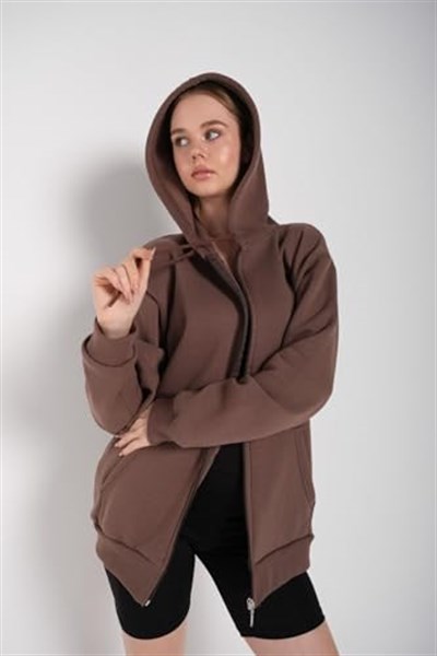 TrendSeninle Kadın Kahverengi Fermuarlı Sweatshirt Hırka