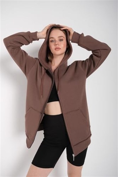 TrendSeninle Kadın Kahverengi Fermuarlı Sweatshirt Hırka