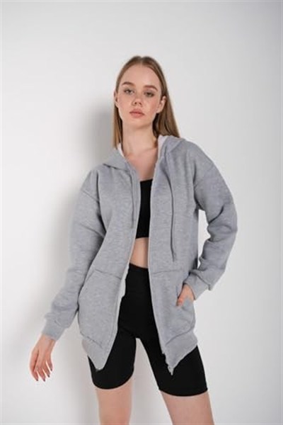 TrendSeninle Kadın Laci Gri Fermuarlı Hırka Sweat
