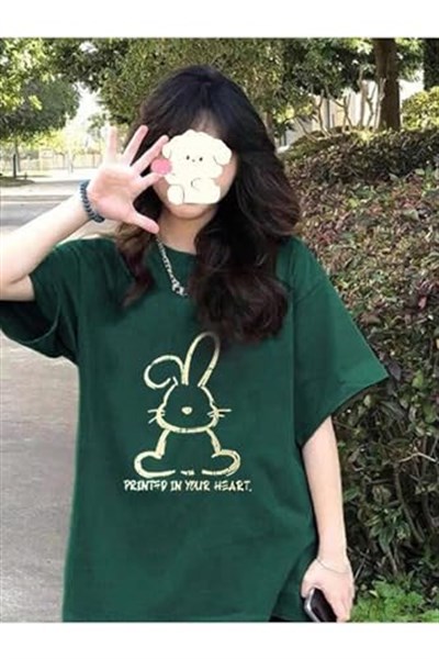 TrendSeninle Kadın Nefti Yeşil Printed Tavşan Baskılı Oversize T-shirt