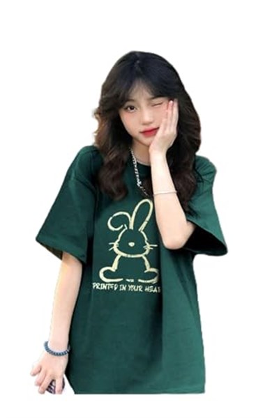 TrendSeninle Kadın Nefti Yeşil Printed Tavşan Baskılı Oversize T-shirt