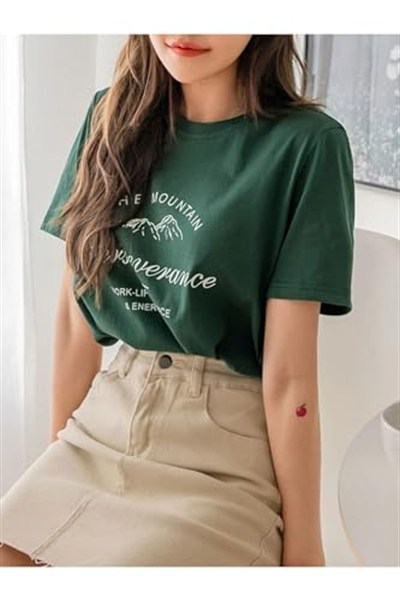 TrendSeninle Kadın Nefti Yeşili Dağ Perseverance Baskılı Oversize Tişört