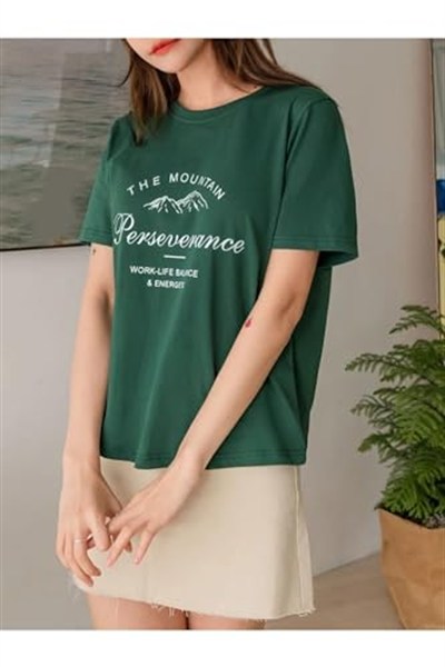 TrendSeninle Kadın Nefti Yeşili Dağ Perseverance Baskılı Oversize Tişört